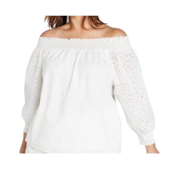 Lane Bryant Milkmaid Top 3X White Off Shoulder Smock Eyelet Neutral Coquette 80s - Picture 1 of 14